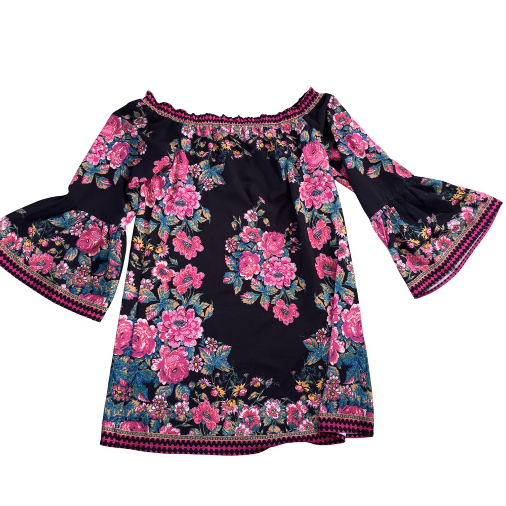Flying Tomato Pink Floral Off Shoulder Bell Sleeve Tunic Top Black Boho Small